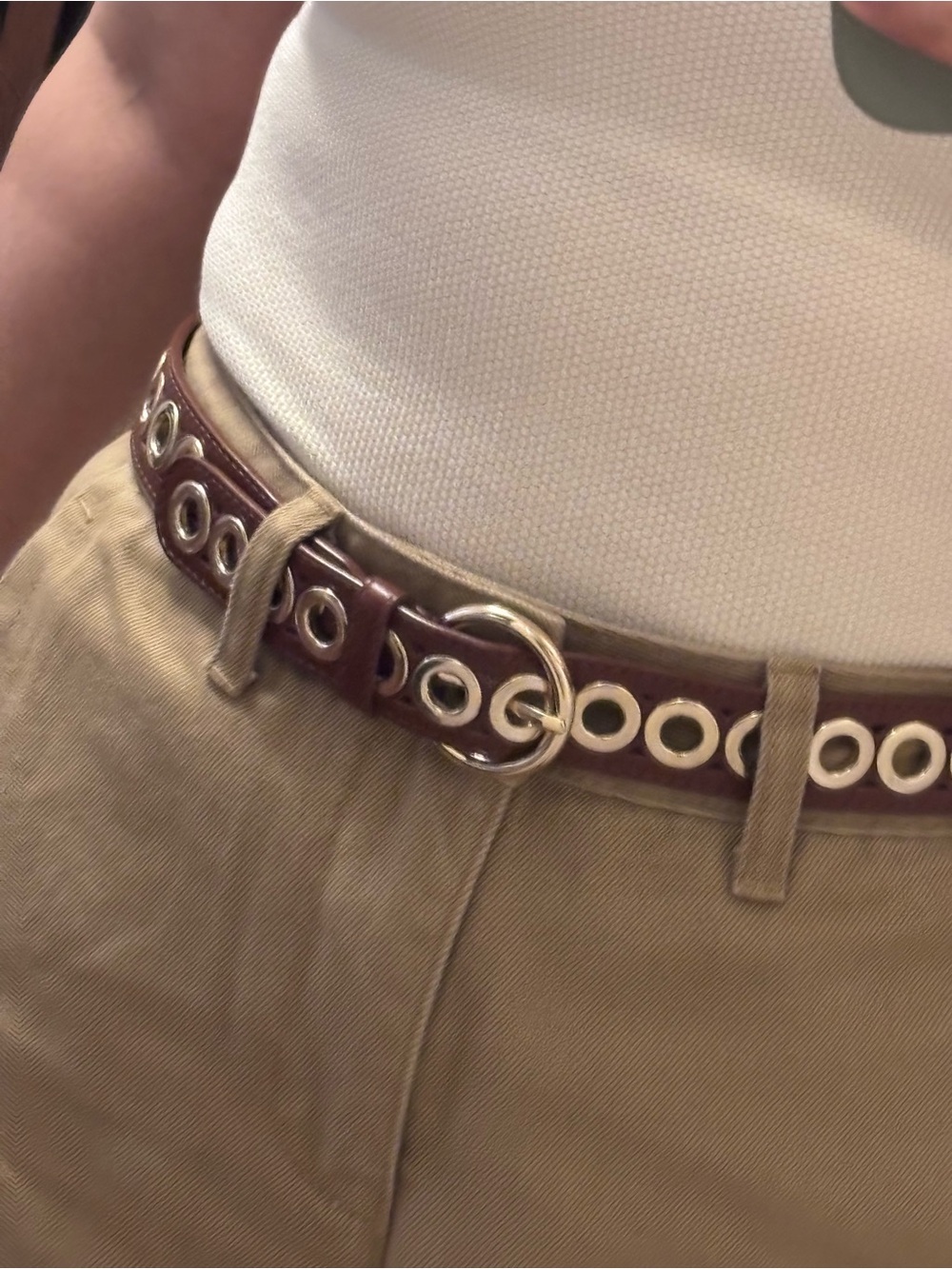 Sandro Brown Leather Grommet Belt with Gold-Tone Round Buckle - Picture 5 of 6